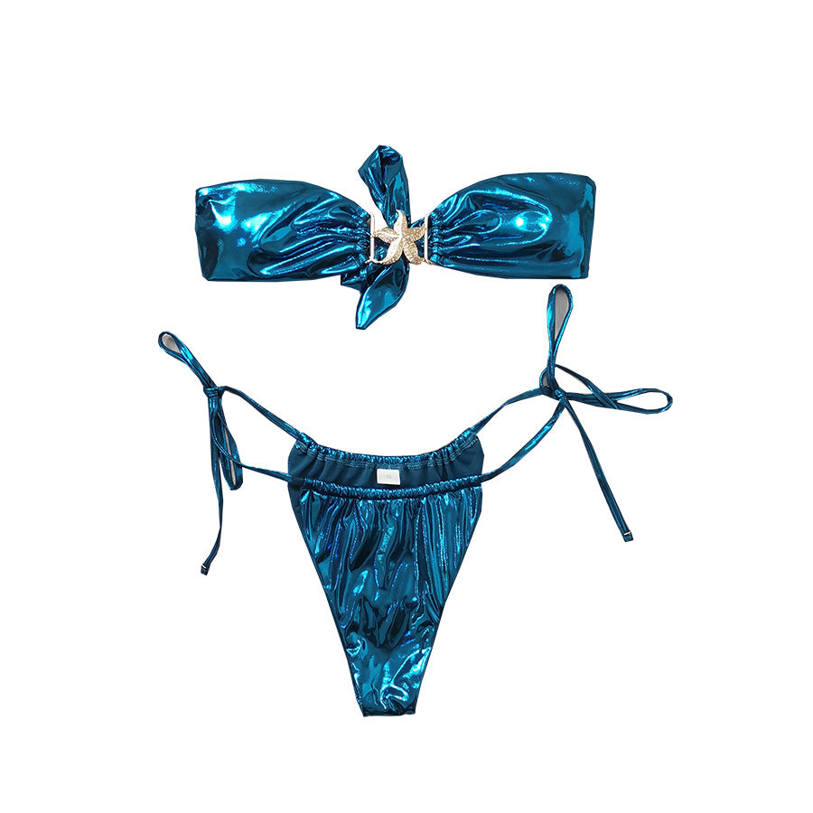 Wholesale Sexy tube top split blue shiny gold starfish swimsuit
